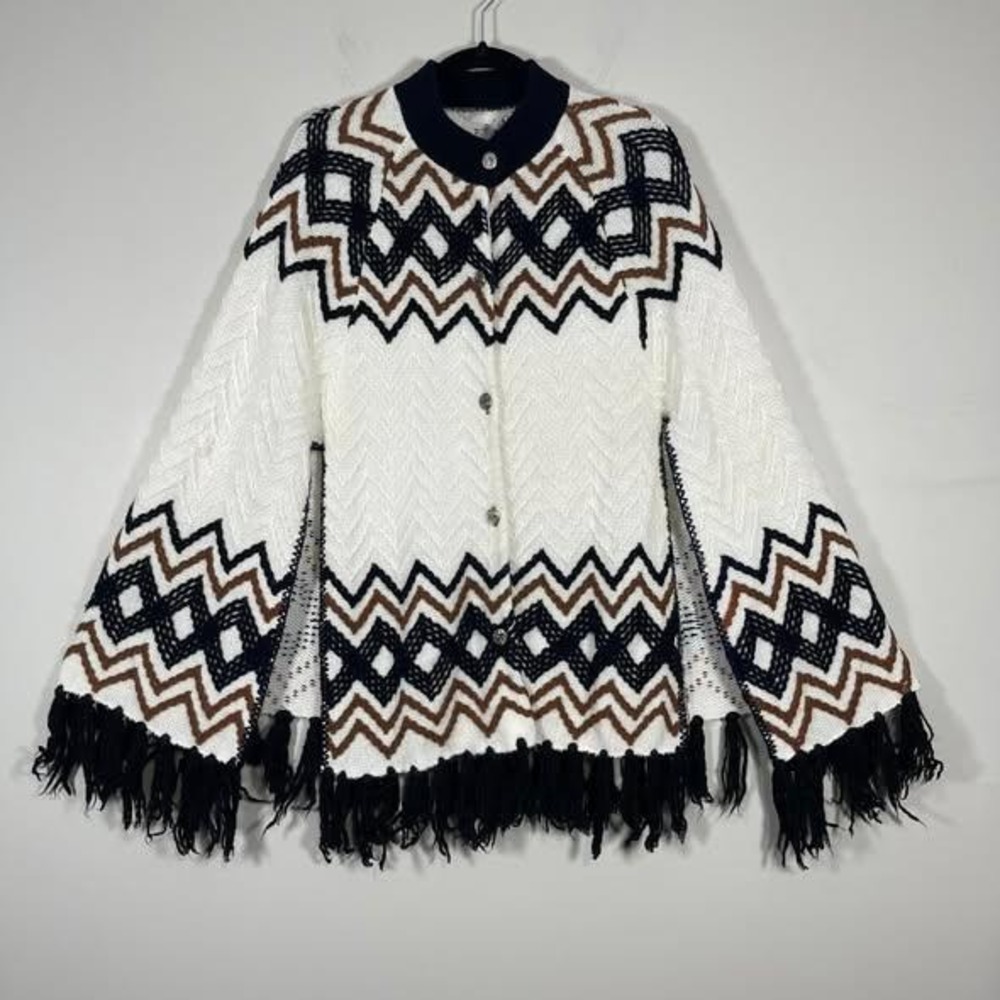 VTG Jo-Rea Poncho Sweater O/S Black White Chevron Fringe Boho Cape‎ Western